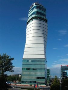 An image of the leaning Vienna international airport tower in Austria