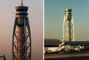 An image of the airport tower at Dubai International Airport