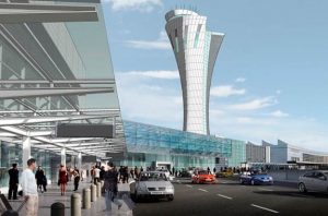 An image of the futuristic torch-like San Francisco airport tower