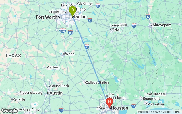 Flight path from Dallas to Houston