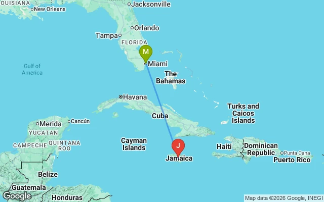 Flight path from Miami to Jamaica