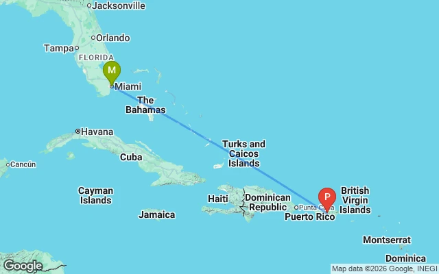 Flight path from Miami to Puerto Rico