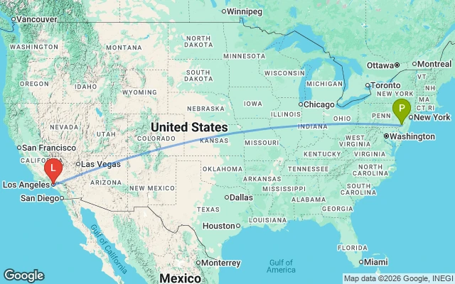 Flight path from Philadelphia to Los Angeles