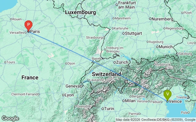 Flight path from Venice to Paris