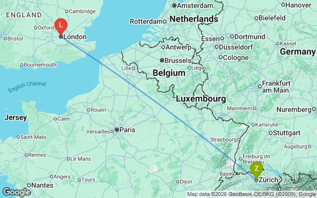 Flight path from Zurich to London