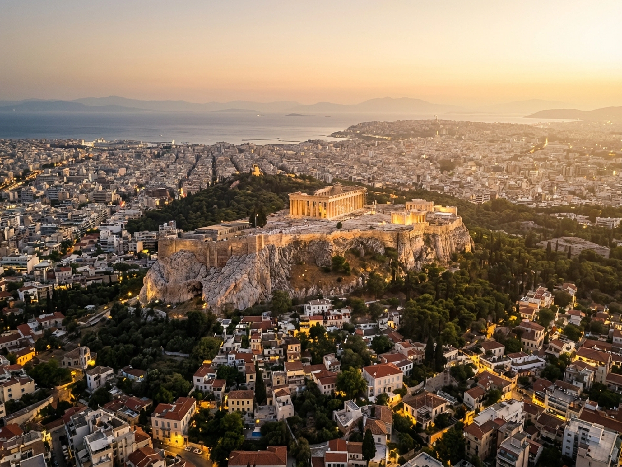 Panoramic aerial view of Athens skyline at golden hour
