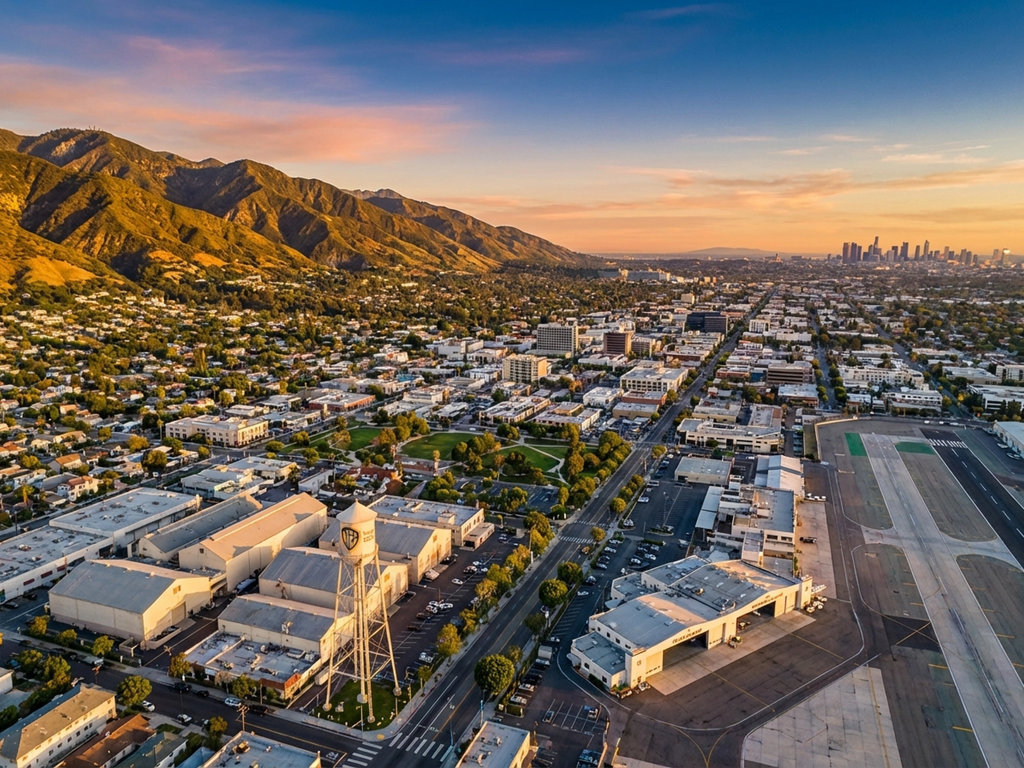 Panoramic aerial view of Burbank skyline at golden hour
