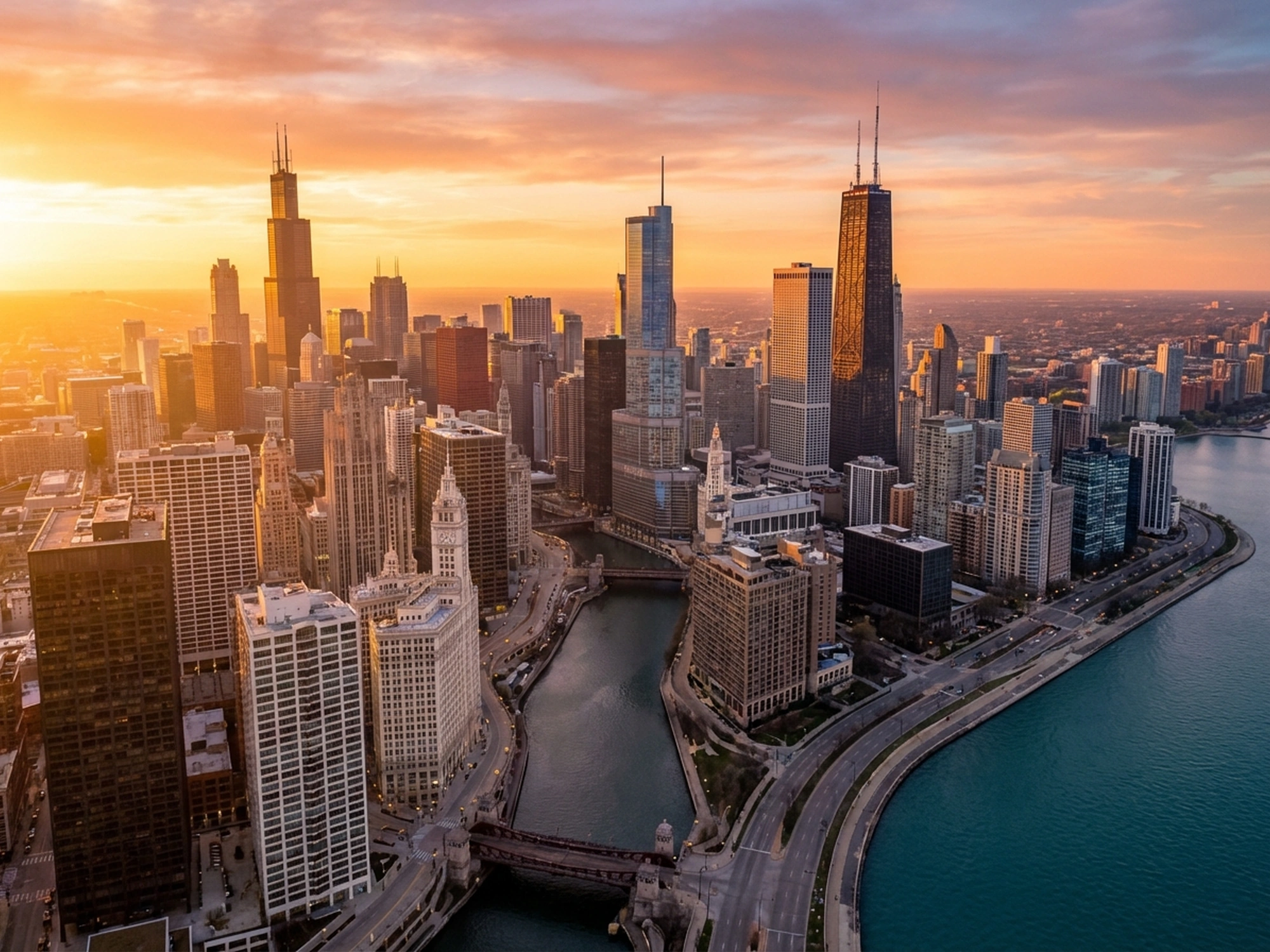 Panoramic aerial view of Chicago skyline at golden hour