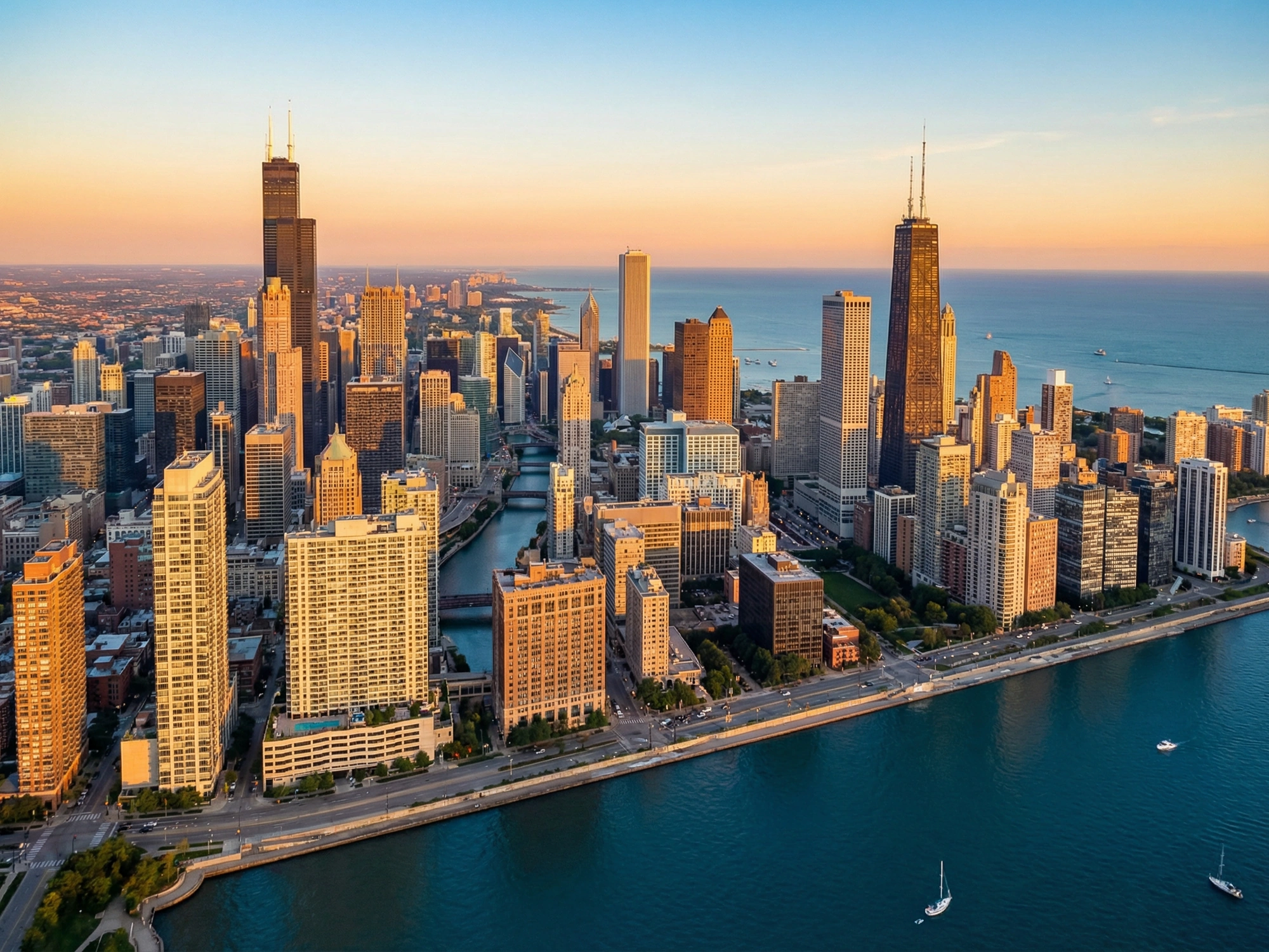 Panoramic aerial view of Chicago skyline at golden hour
