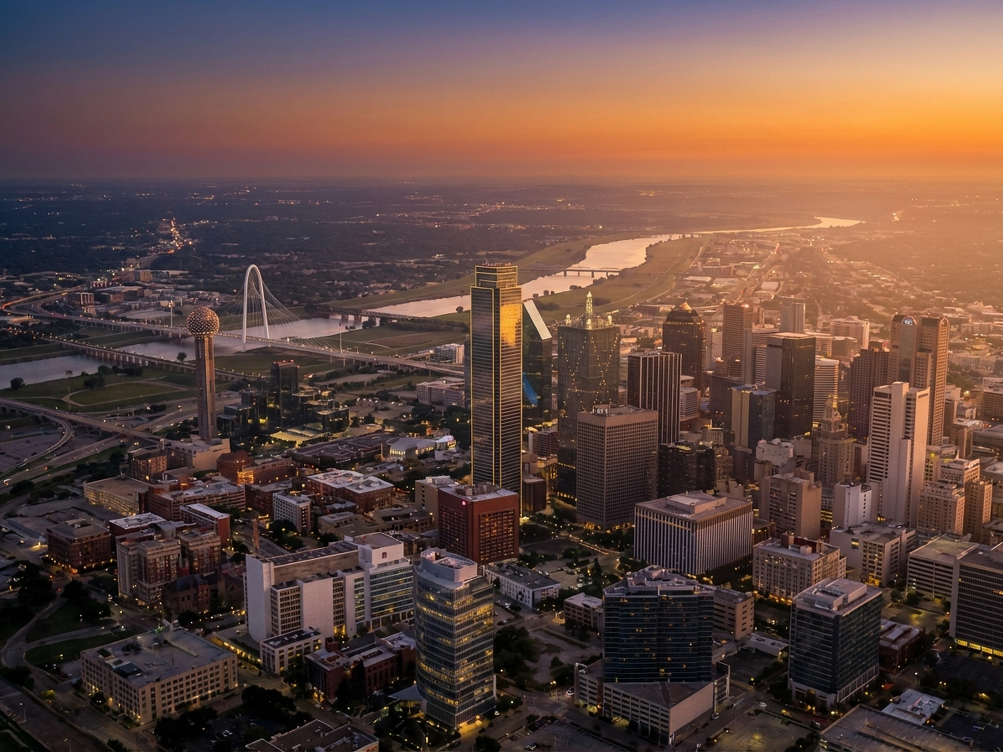 Panoramic aerial view of Dallas skyline at golden hour