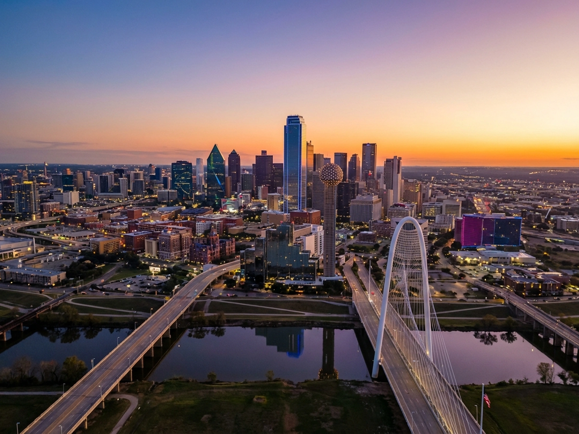 Panoramic aerial view of Dallas skyline at golden hour