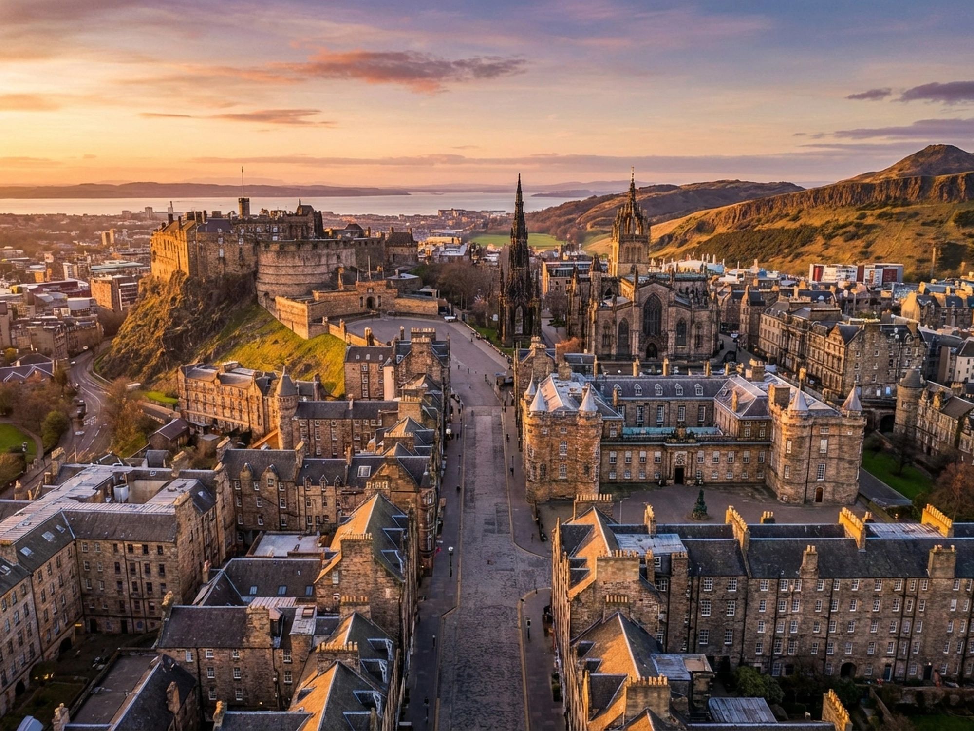 Panoramic aerial view of Edinburgh skyline at golden hour