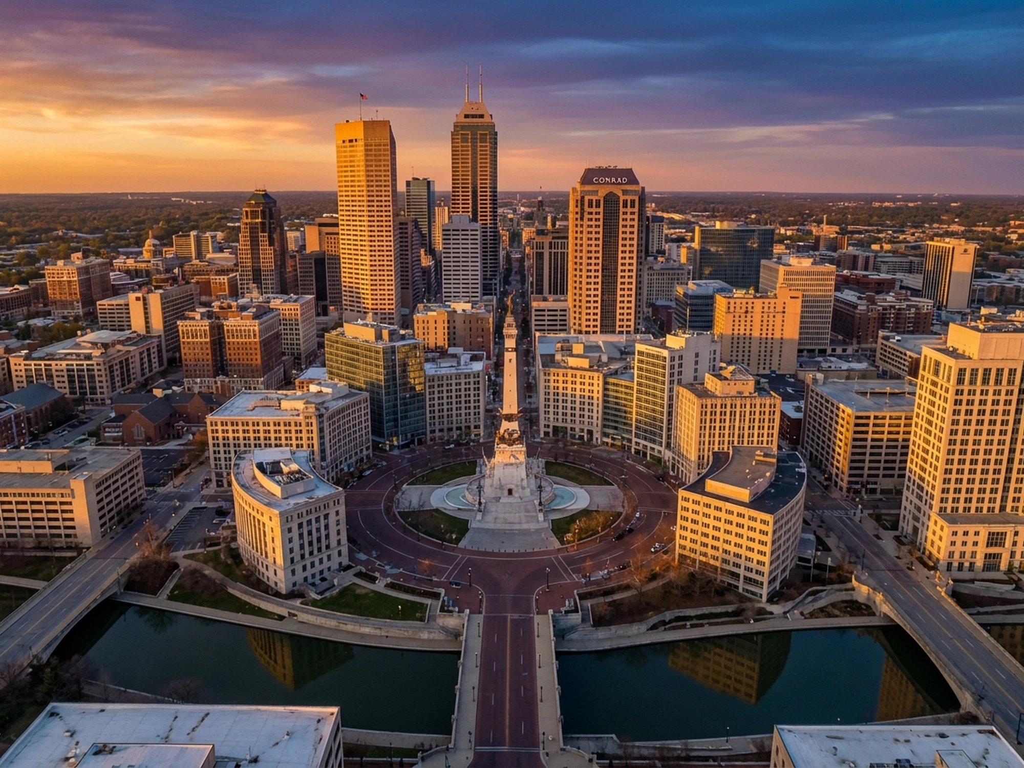 Panoramic aerial view of Indianapolis skyline at golden hour
