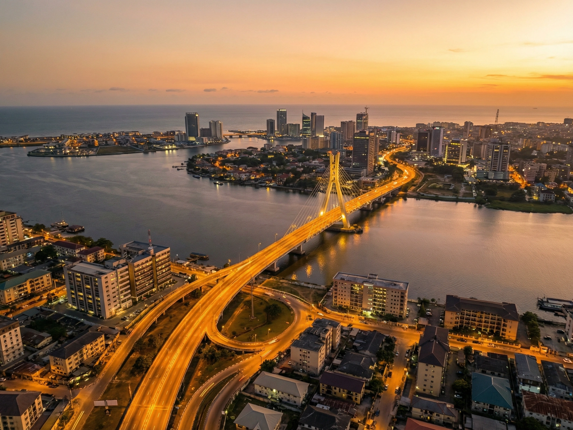 Panoramic aerial view of Lagos skyline at golden hour