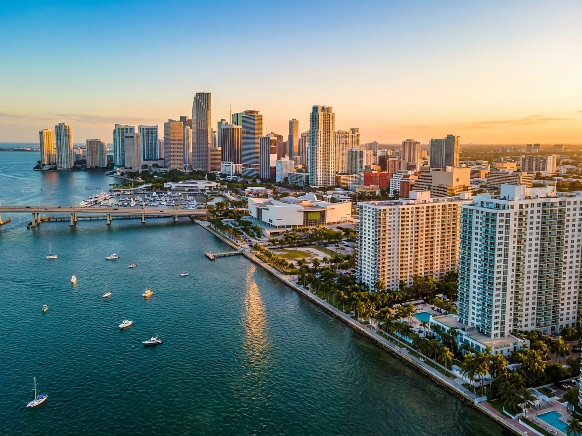 Panoramic aerial view of Miami skyline at golden hour