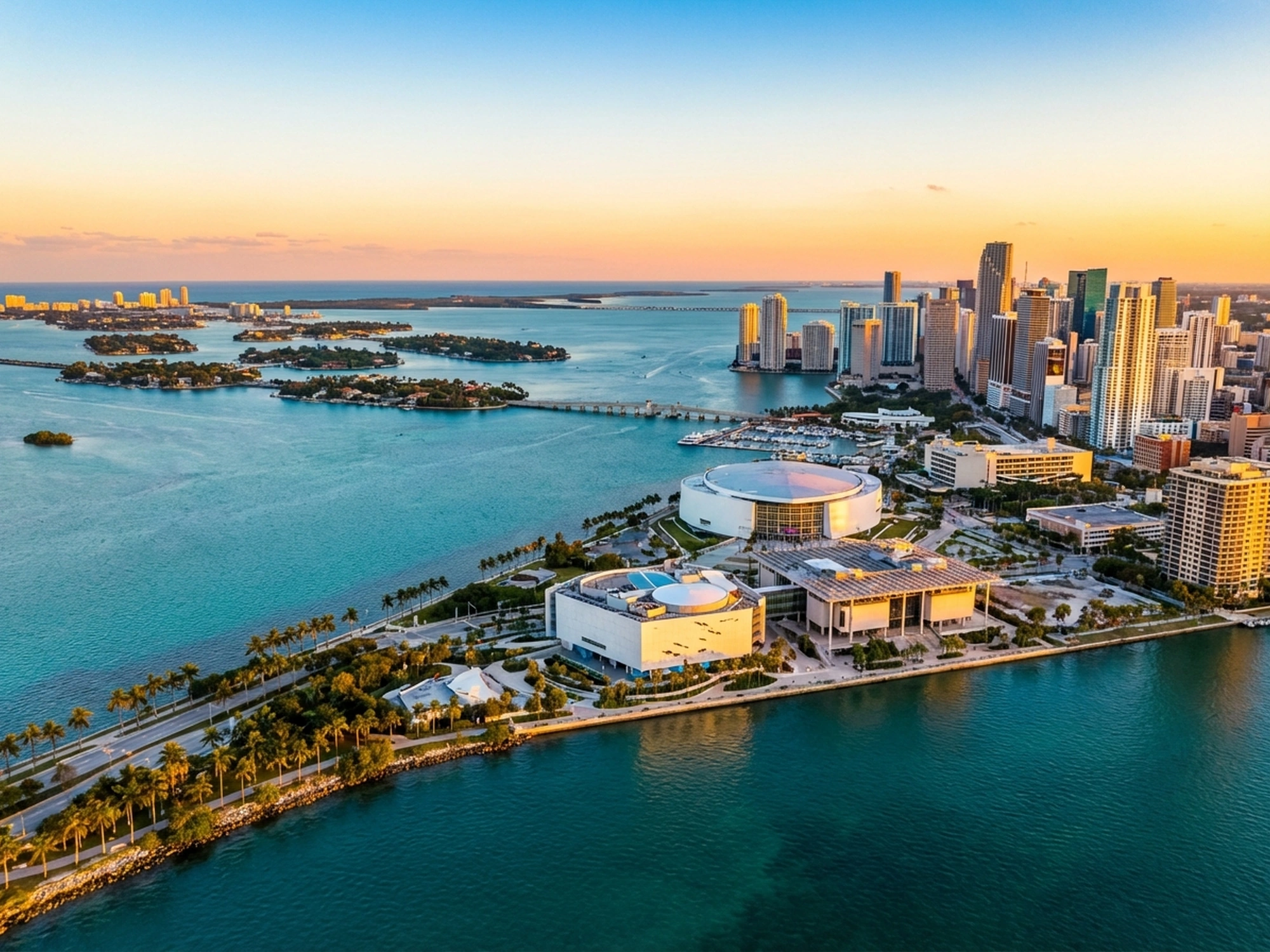 Panoramic aerial view of Miami skyline at golden hour