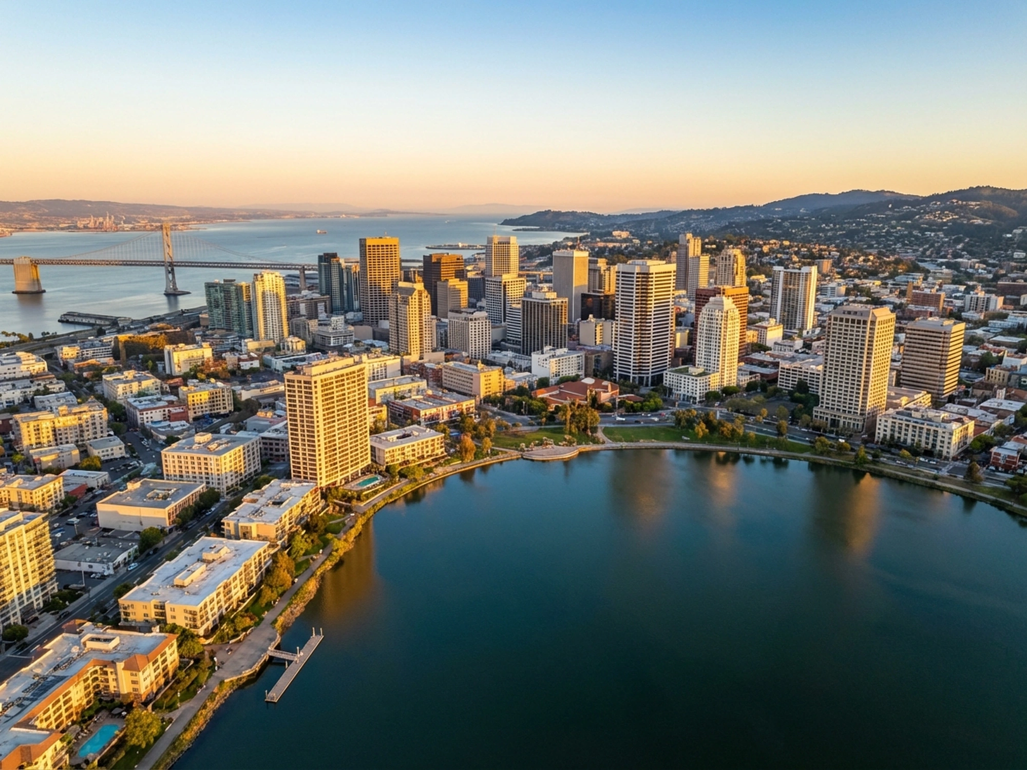 Panoramic aerial view of Oakland skyline at golden hour