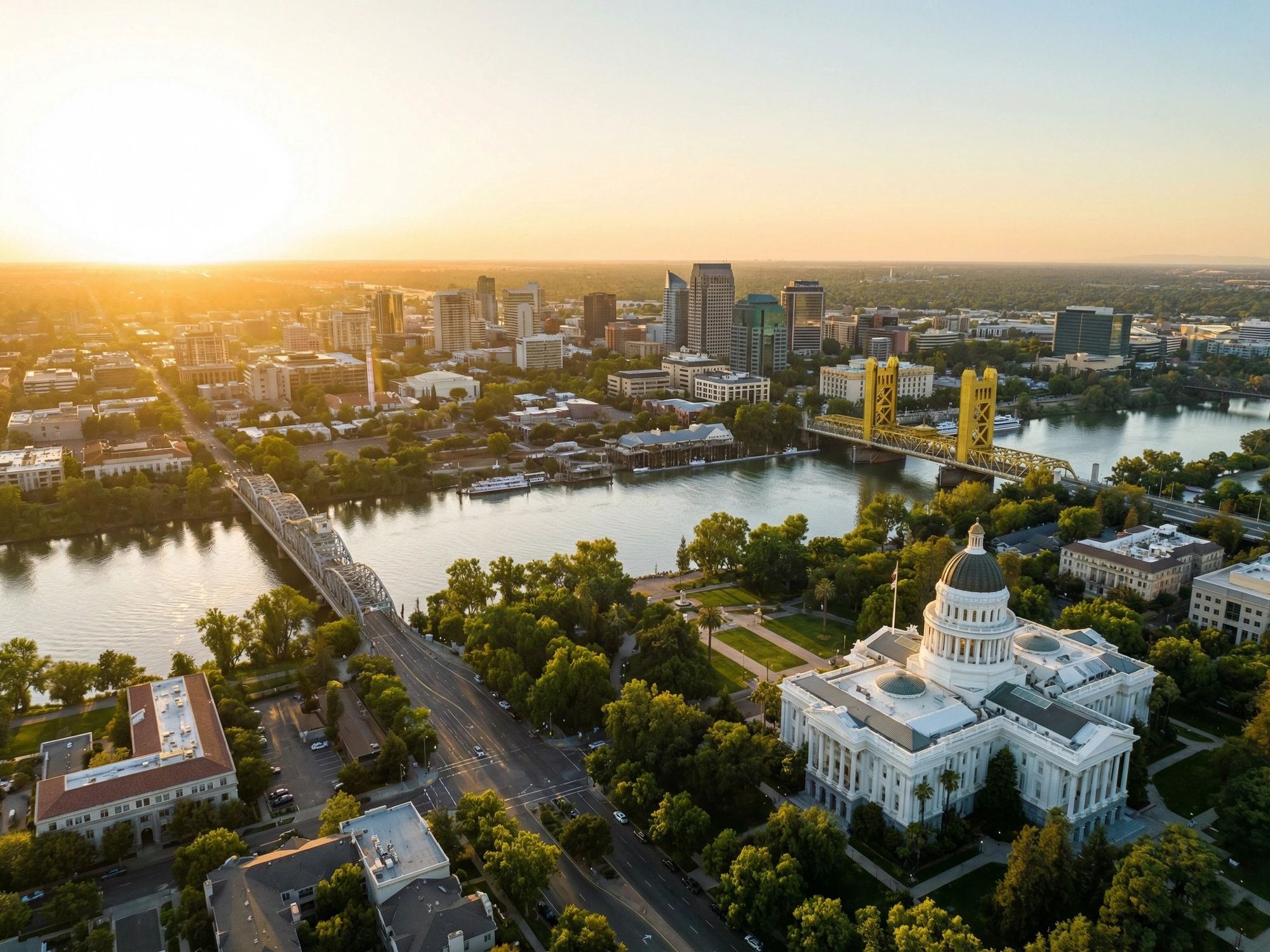 Panoramic aerial view of Sacramento skyline at golden hour