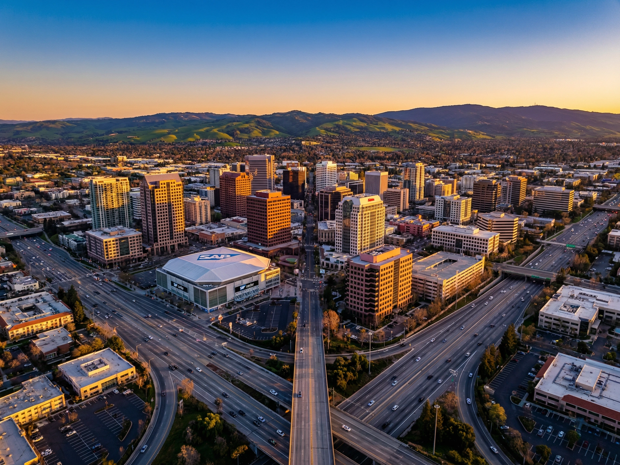 Panoramic aerial view of San Jose skyline at golden hour