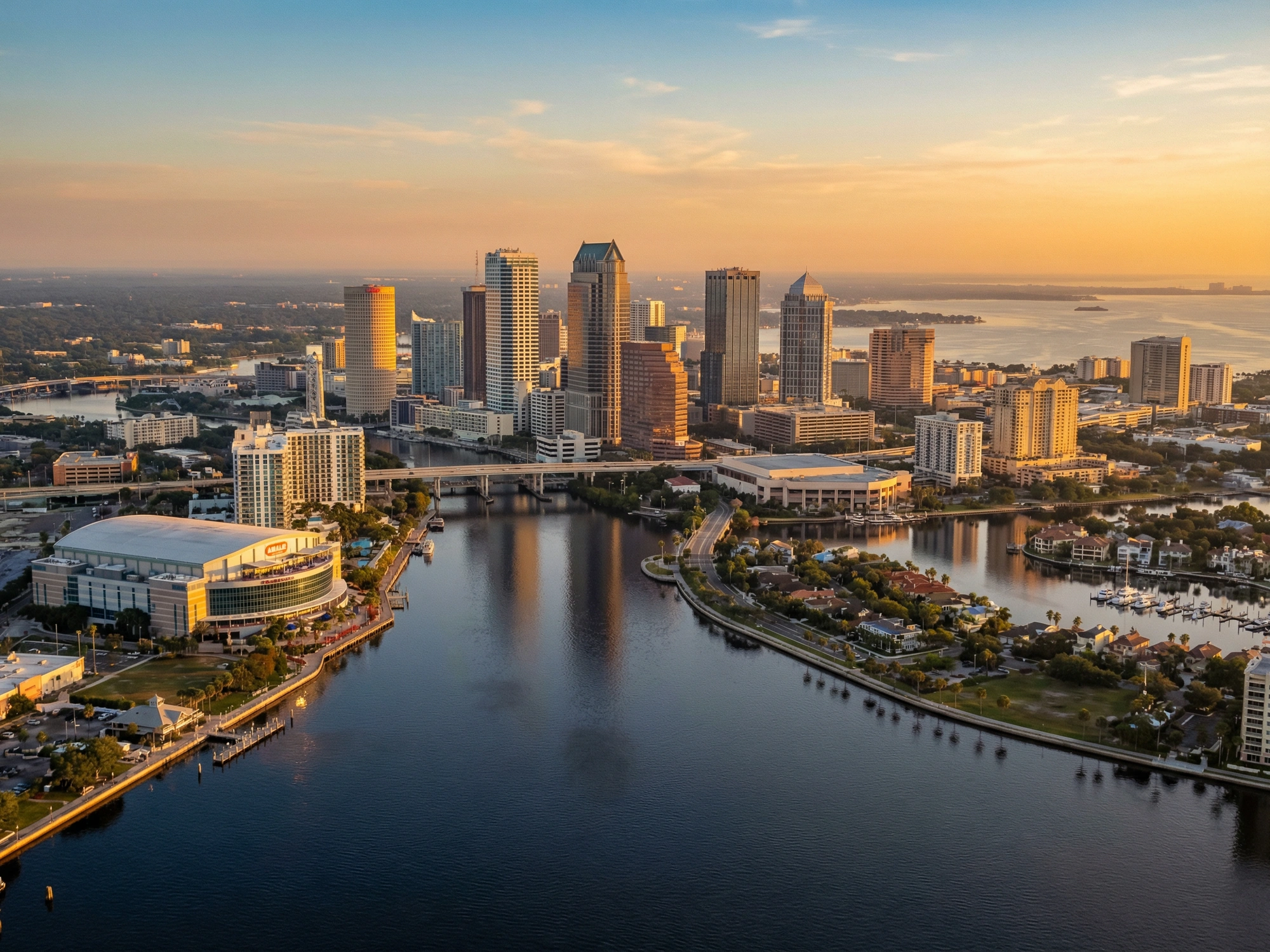 Panoramic aerial view of Tampa skyline at golden hour