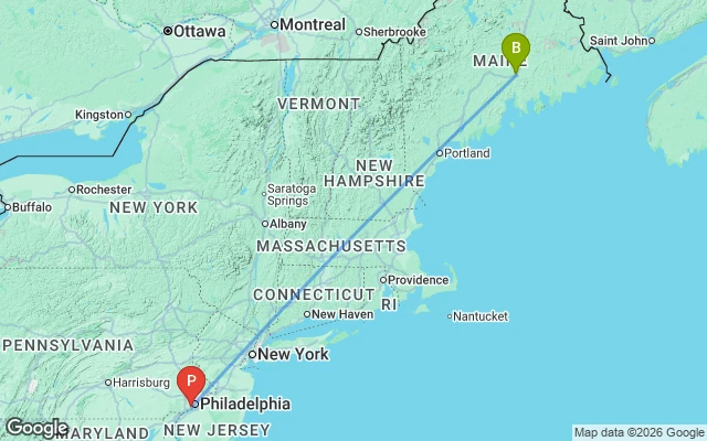Flight path from Bangor to Philadelphia