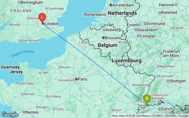 Flight path from Basel to London