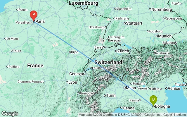 Flight path from Bologna to Paris