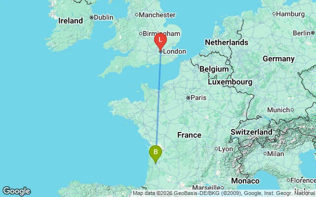 Flight path from Bordeaux to London
