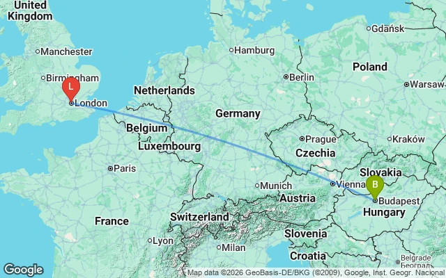 Flight path from Budapest to London