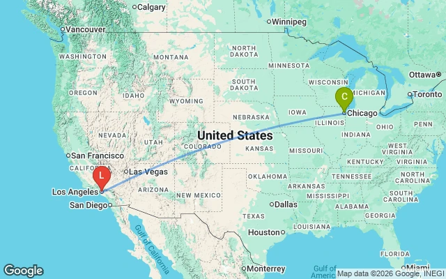 Flight path from Chicago to Los Angeles