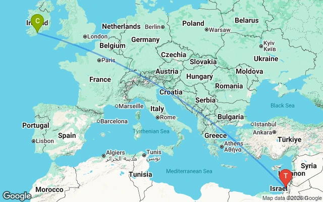 Flight path from Cork to Tel Aviv
