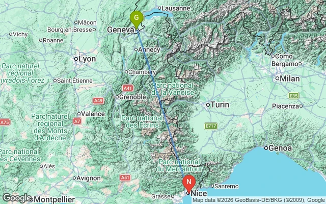 Flight path from Geneva to Nice
