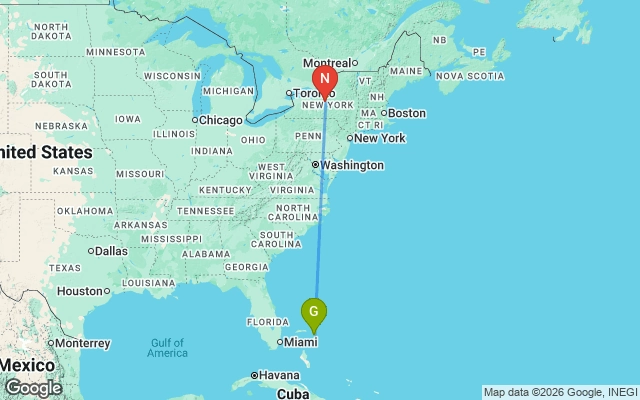 Flight path from Great Abaco to New York
