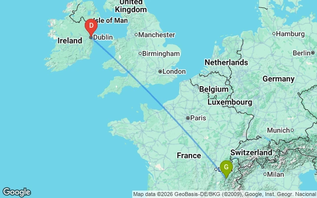 Flight path from Grenoble to Dublin