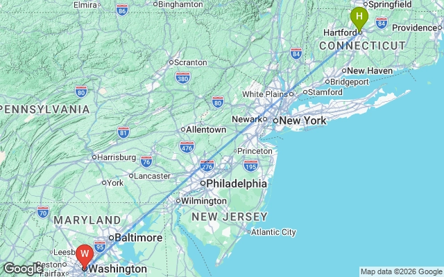 Flight path from Hartford to Washington