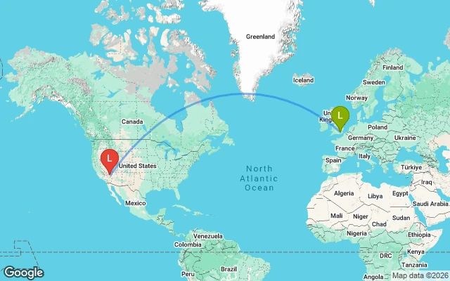 Flight path from London to Las Vegas
