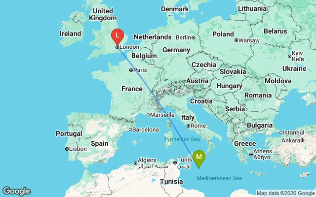 Flight path from Malta to London