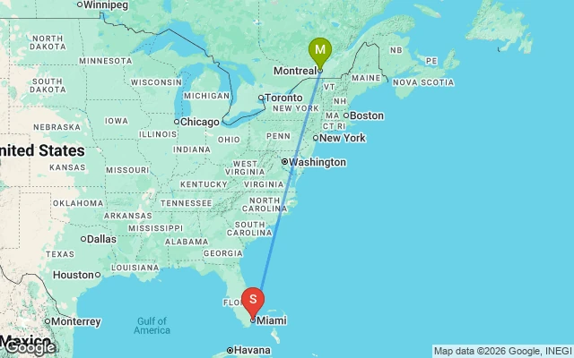 Flight path from Montreal to South Florida