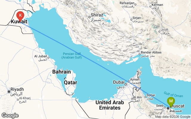 Flight path from Muscat to Kuwait