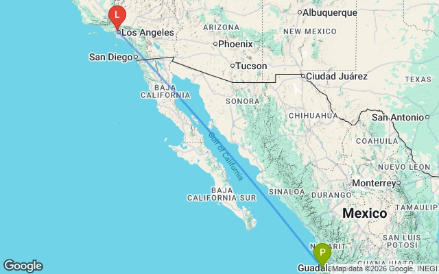 Flight path from Puerto Vallarta to Los Angeles