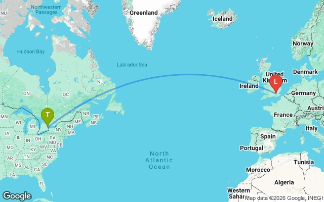 Flight path from Toronto to London