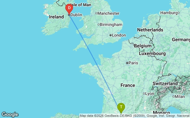 Flight path from Toulouse to Dublin