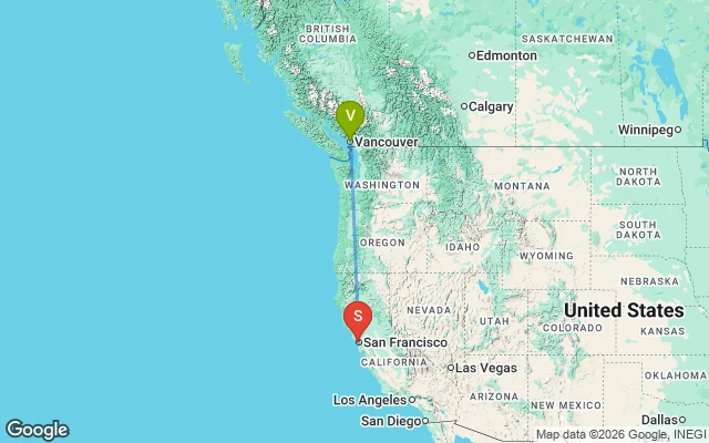 Flight path from Vancouver to San Francisco
