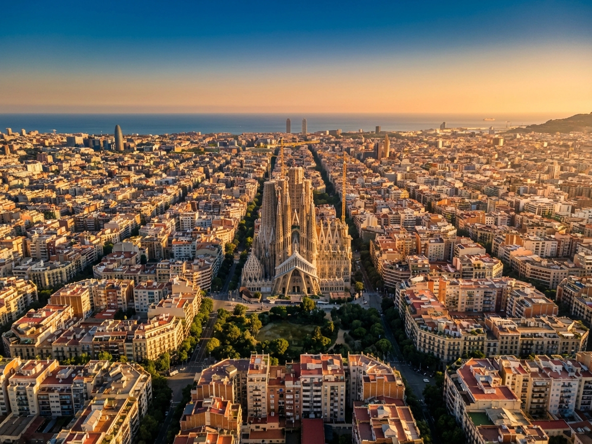 Panoramic aerial view of Barcelona skyline at golden hour