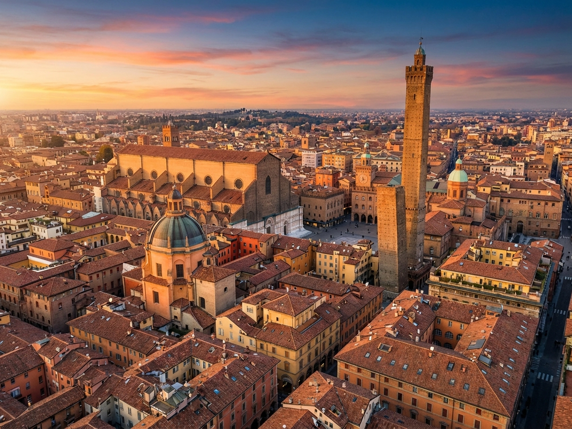Panoramic aerial view of Bologna skyline at golden hour