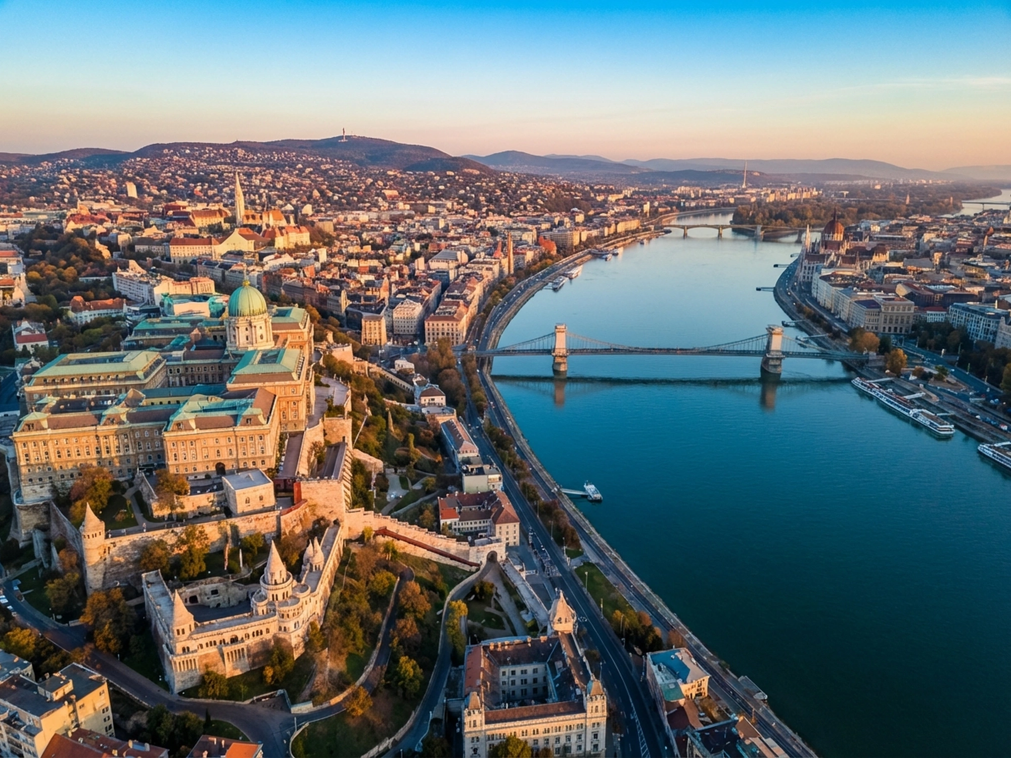 Panoramic aerial view of Budapest skyline at golden hour