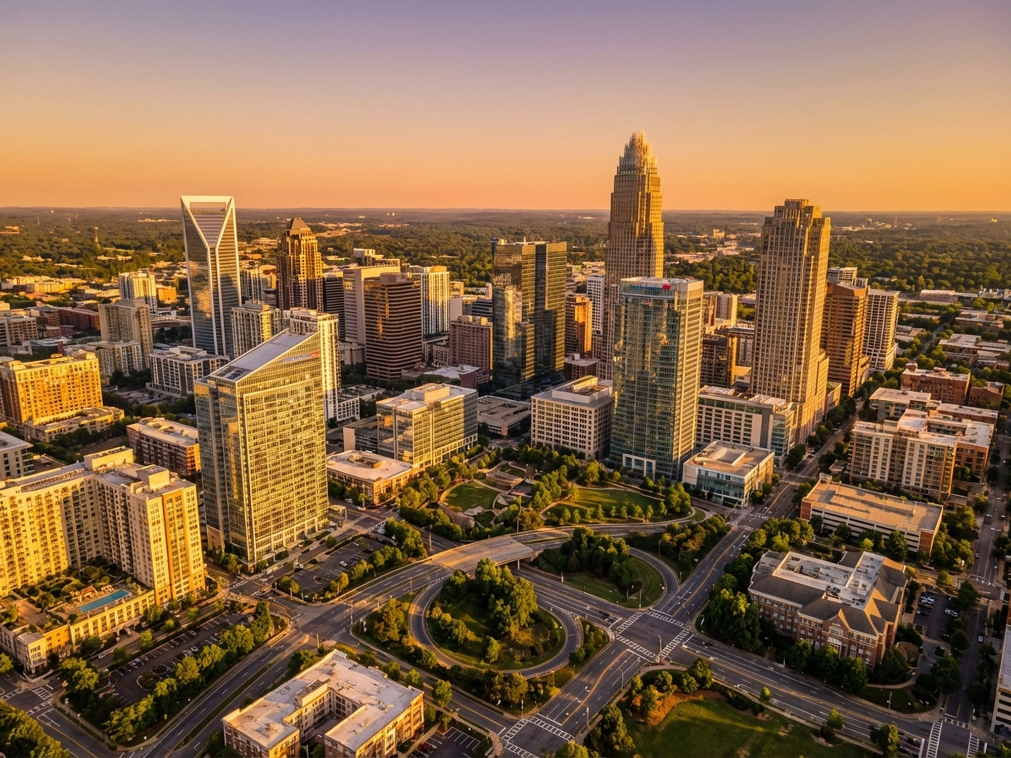 Panoramic aerial view of Charlotte skyline at golden hour