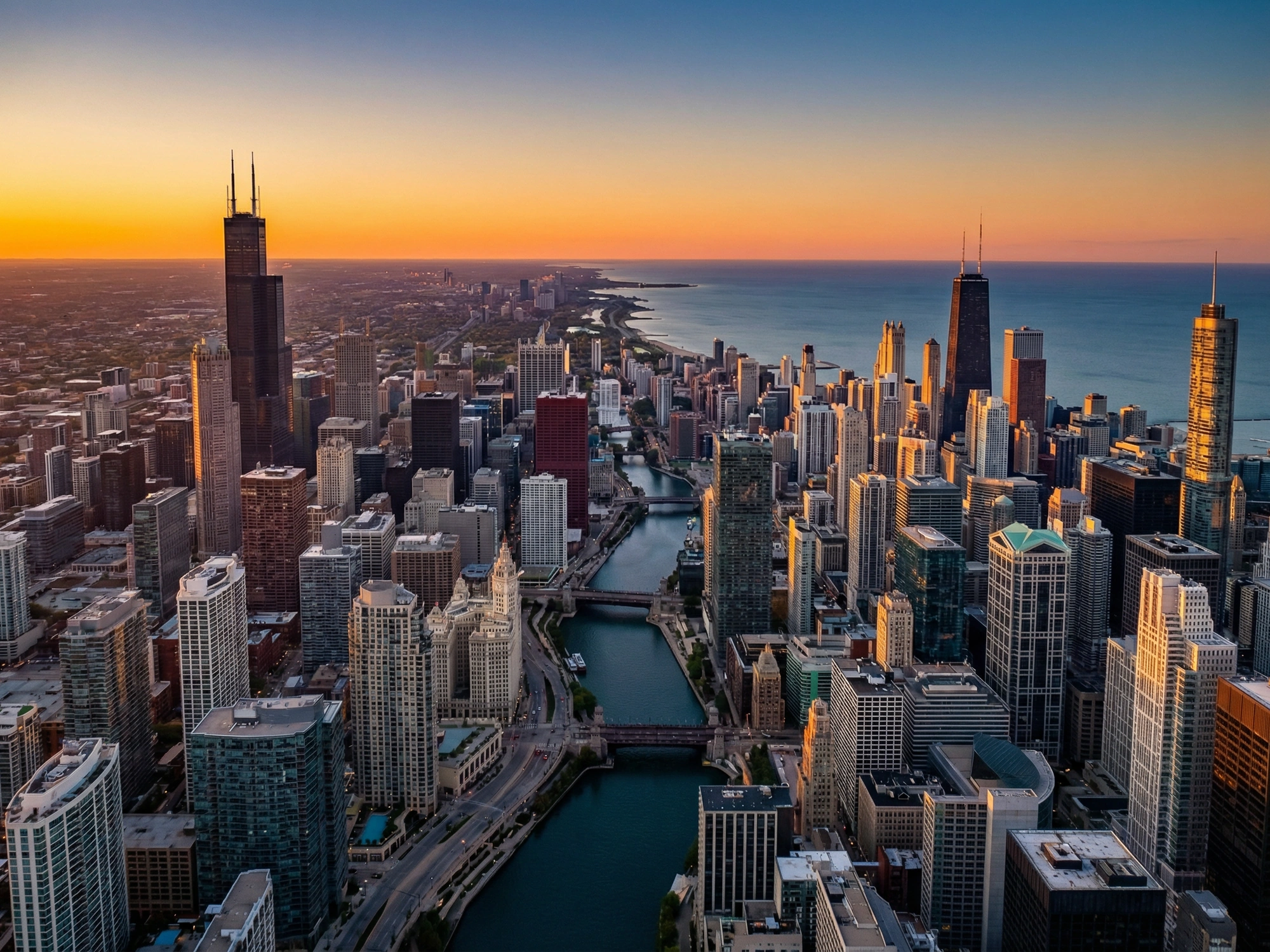 Panoramic aerial view of Chicago skyline at golden hour