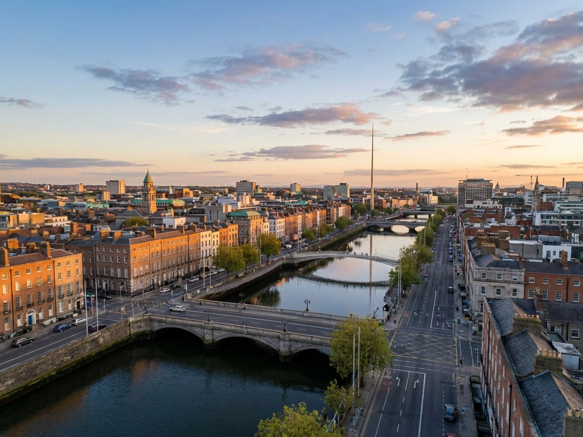 Panoramic aerial view of Dublin skyline at golden hour