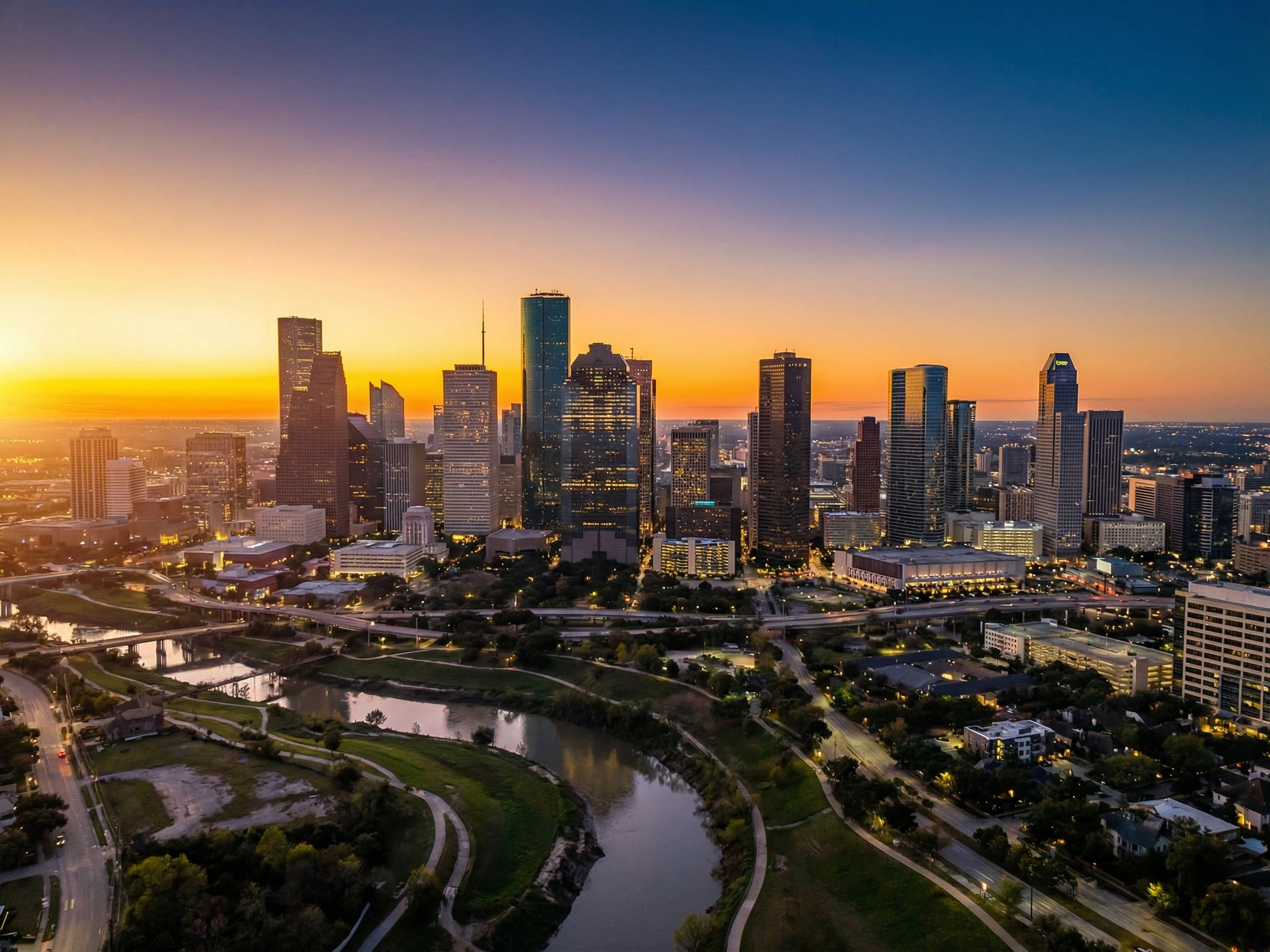 Panoramic aerial view of Houston skyline at golden hour